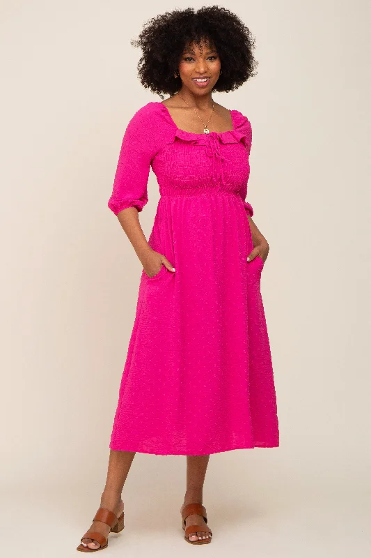 Clearance Sale off-shoulder dressFuchsia Swiss Dot 3/4 Sleeve Midi Dress
