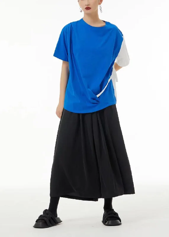YEAR-End Clearance Chic Blue O-Neck Patchwork Wrinkled Cotton Tank Tops Summer LC0110