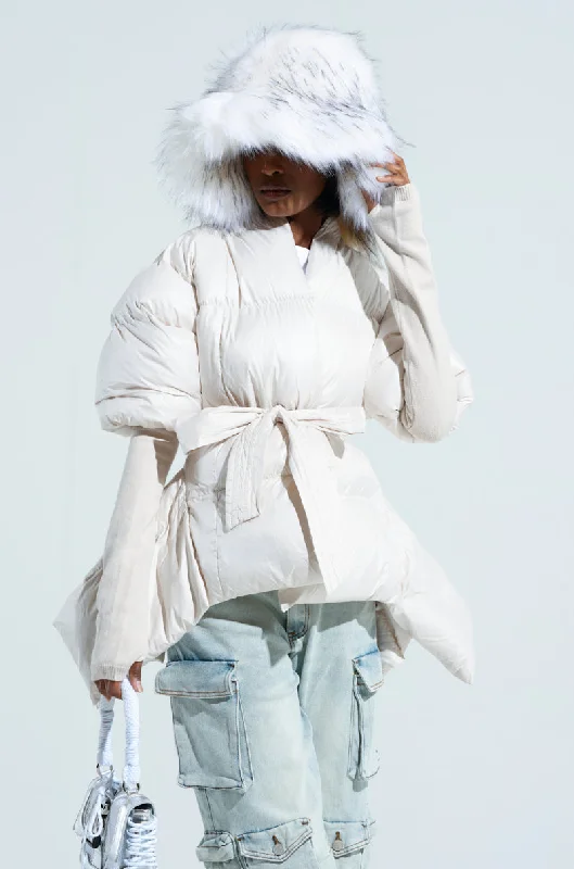 Today’s Deal retro coatRIB SLEEVE PEPLUM PUFFER IN IVORY