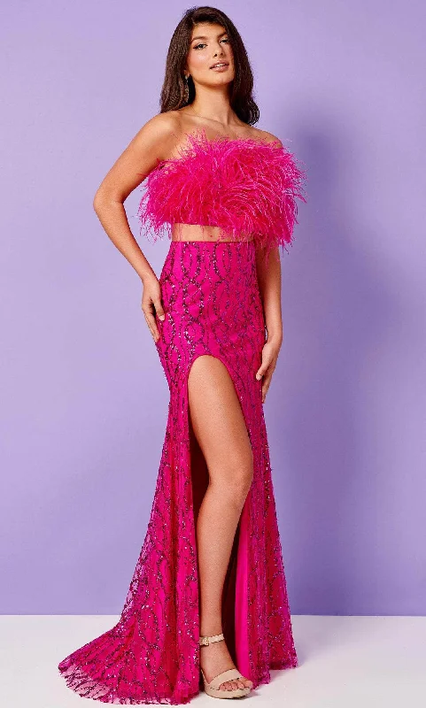 New Deals Rachel Allan 70467 - Two Piece Feathered Top Slit Gown