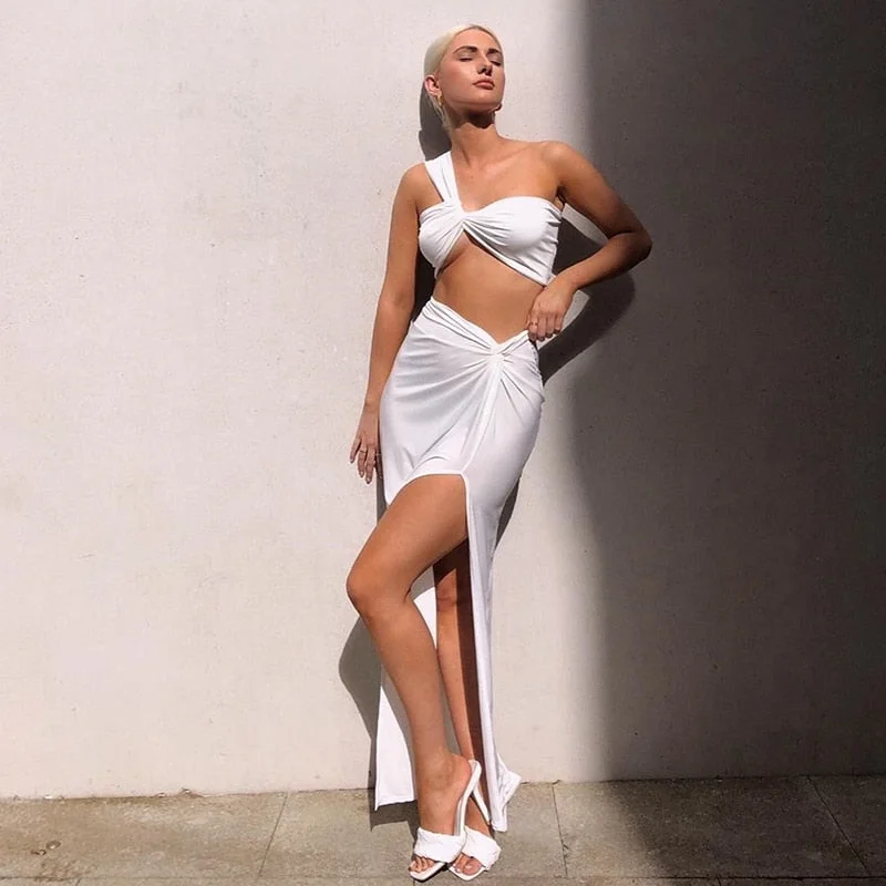 Limited Time Elastic Tube Top Irregular Twisted Slit High Waist Skirt Suit