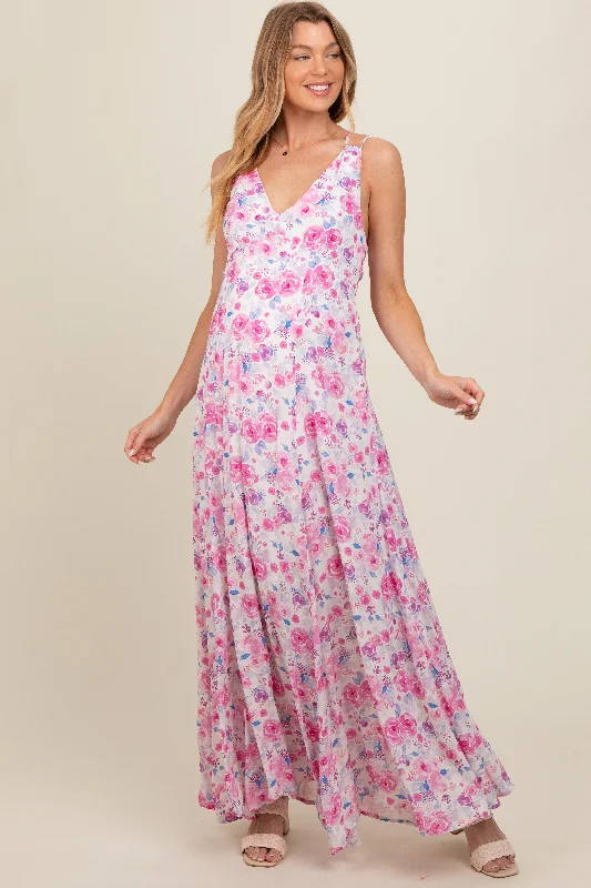 Don't Wait modern dressMagenta Floral Crisscross Back Maternity Maxi Dress
