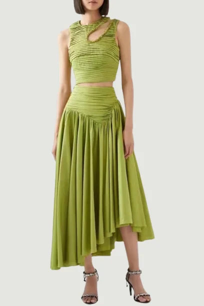 Instant Savings Slim Two Piece Sets For Women Round Neck Sleeveless Hollow Out Pleat Crop Tops Irregular Hem Pleated Skirt Solid Set Female