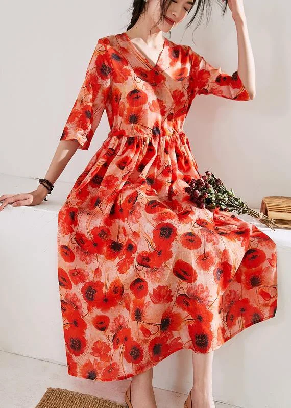 Deal Mania ruched dressItalian orange print linen dress v neck patchwork long Dress