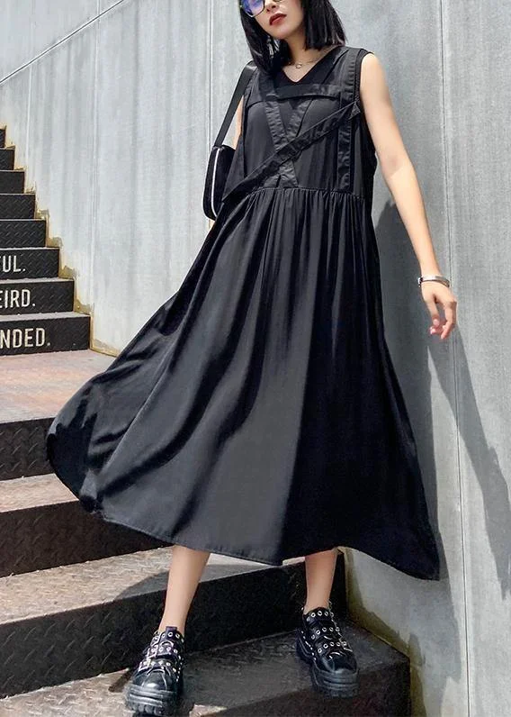 Unmissable Offer modern dressHandmade v neck sleeveless summer clothes For Women Sewing black Dress