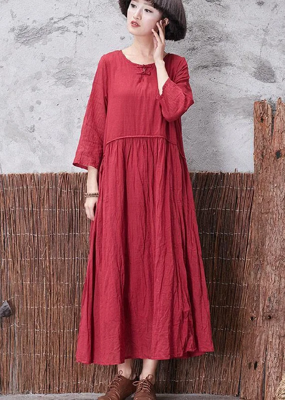 Early Access office dressClassy red crop sleeve linen clothes layered Plus Size fall Dress