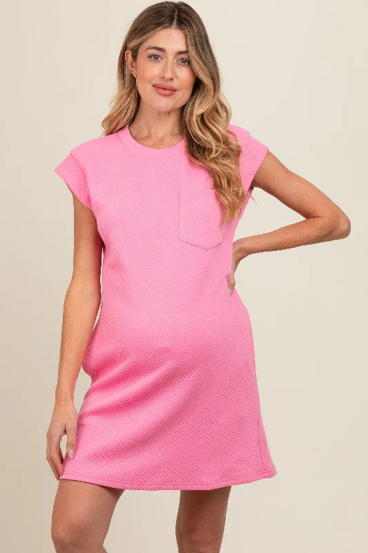 Special Offer backless dressPink Front Pocket Line Textured Short Sleeve Maternity Dress