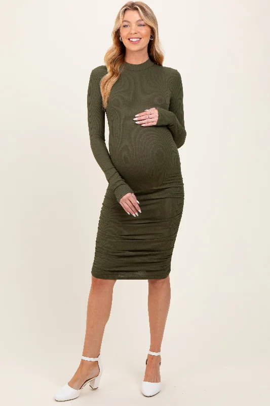 Hot Deal summer floral dressOlive Ribbed Mock Neck Ruched Long Sleeve Maternity Dress
