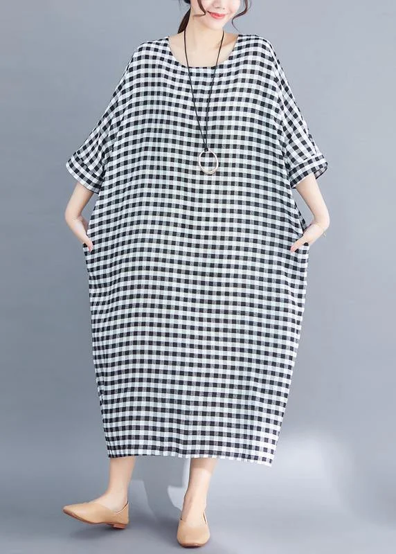 Last Chance flowy dressWomen o neck linen cotton Robes Shirts gray white plaid Plus Size Clothing Dresses summer