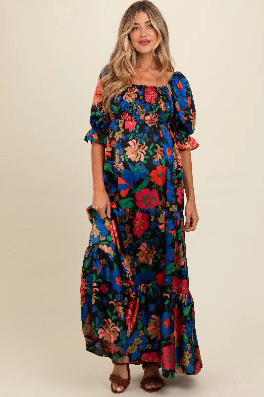 Don't Wait backless dressBlack Floral Satin Smocked Tiered Maternity Maxi Dress