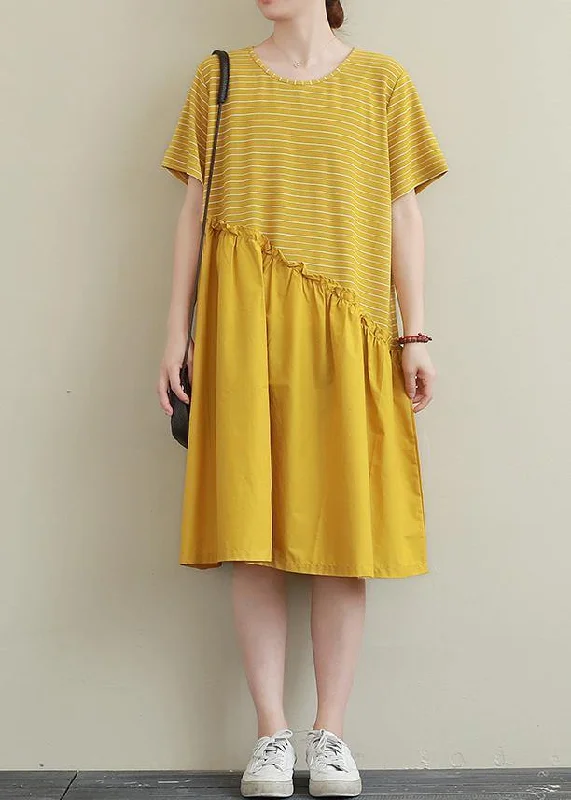 Early Bird Discount fitted bodycon dressDIY yellow striped Cotton dress o neck patchwork tunic Dress