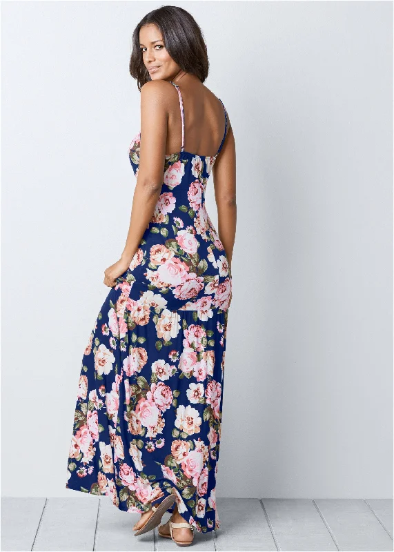 Clearance Event lace-up dressButton-Front Maxi Dress - Navy Multi