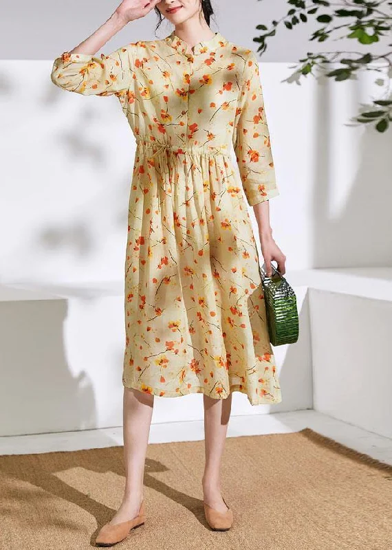 Major Savings pleated maxi dressHandmade stand collar drawstring linen dress Ideas yellow print Dress