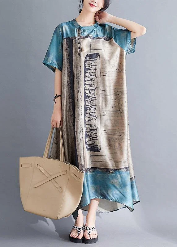 Massive Deals ruched dressNatural blue prints chiffon tunic top stand collar Dresses summer Dress