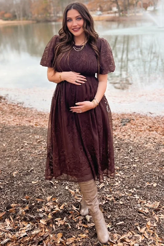 Act Fast summer floral dressBrown Floral Embroidered Mesh Overlay Smocked Maternity Midi Dress