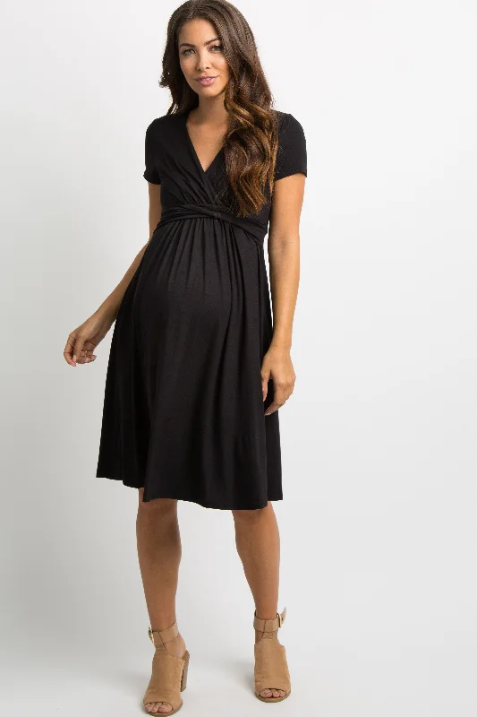 Seasonal Clearance lace dressBlack Draped Front Maternity/Nursing Dress