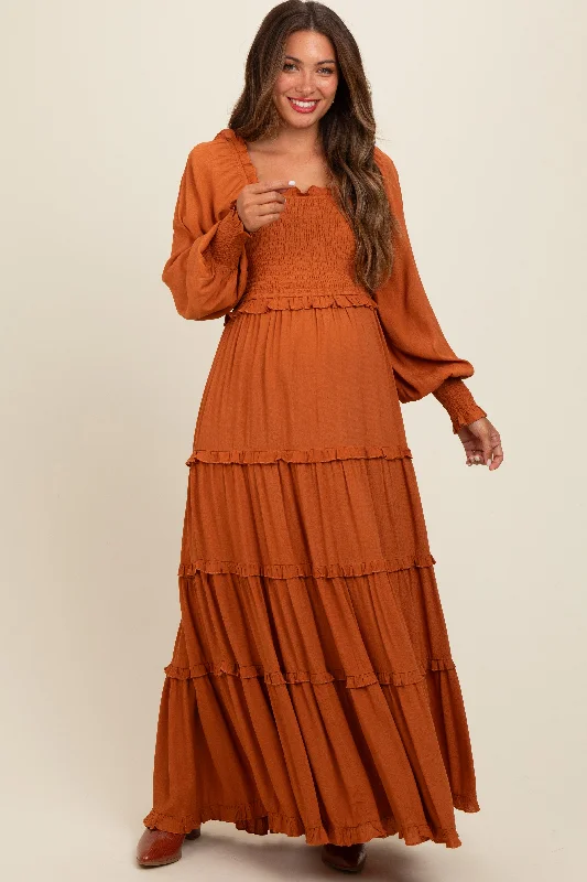 Deal Alert backless dressCamel Smocked Long Sleeve Ruffle Tiered Maternity Maxi Dress