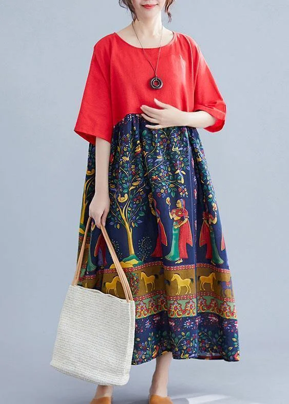 Exclusive Savings midi dressElegant red patchwork print cotton clothes o neck Robe summer Dresses