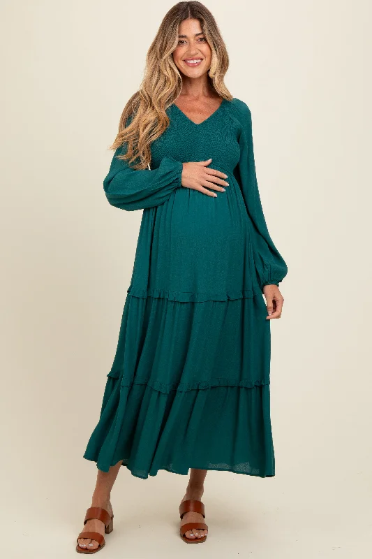 Limited Quantity casual midi dressEmerald Smocked Tiered Maternity Midi Dress