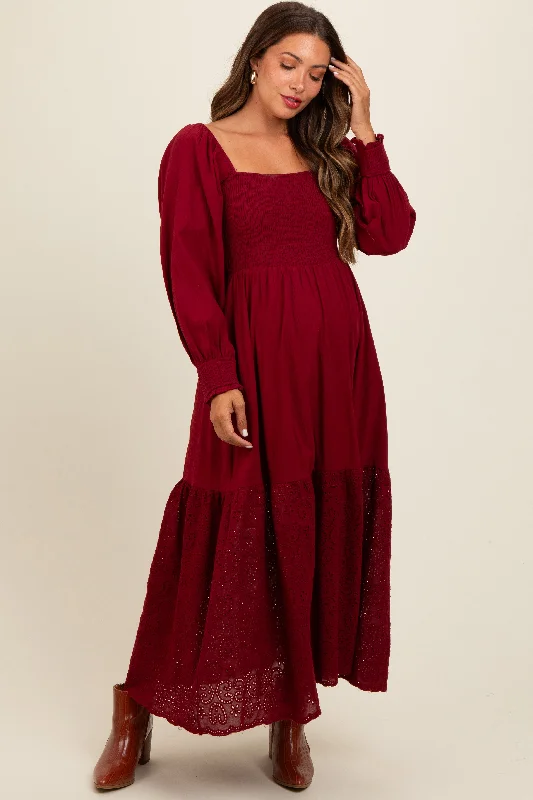 The Best Prices lace dressBurgundy Smocked Eyelet Lace Hem Maternity Maxi Dress