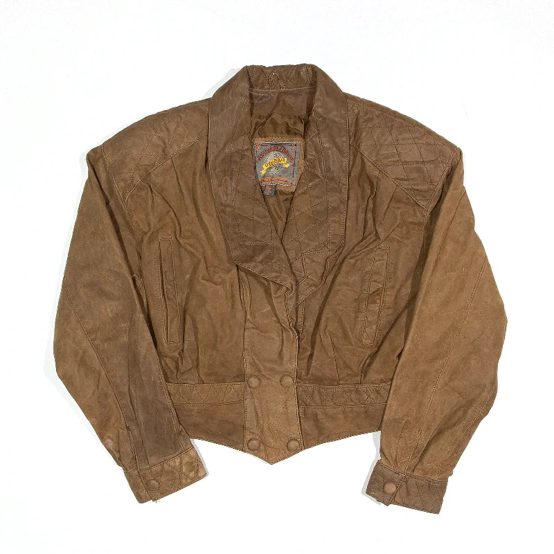 Buy More, Save More trendy bomber coatADVENTURE ROUND Jacket Brown 90s Leather Biker Womens M