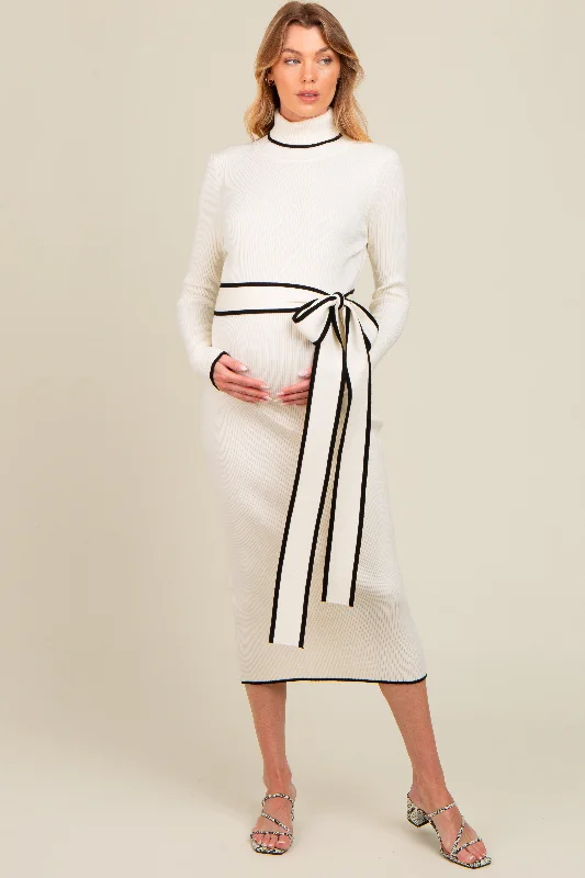 New Arrival casual midi dressIvory Contrast Trim Turtleneck Maternity Sweater Dress