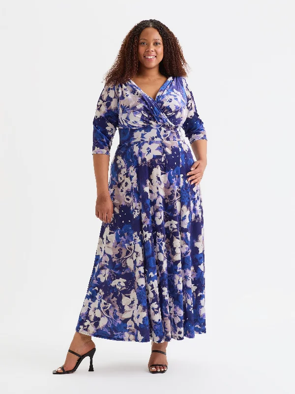 Savings Galore boho-chic dressVerity Velvet Cobalt Blue Cream Print Maxi Gown