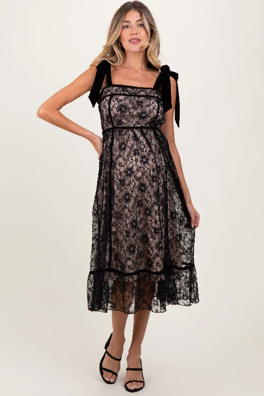 Reduced Prices flowy evening dressBlack Floral Lace Velvet Tie Strap Maternity Midi Dress