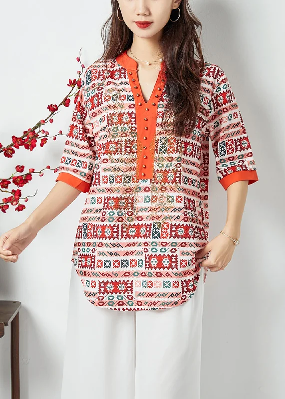 Reduced Prices Natural Orange V Neck Print Shirt Top Summer LC0414