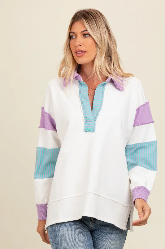 Factory Direct Sale Lavender Colorblock Stripe Polo Sweatshirt