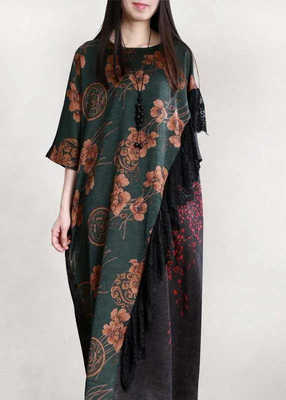 Today's Special ashionable dressOrganic blackish green print Robes o neck patchwork long Dresses