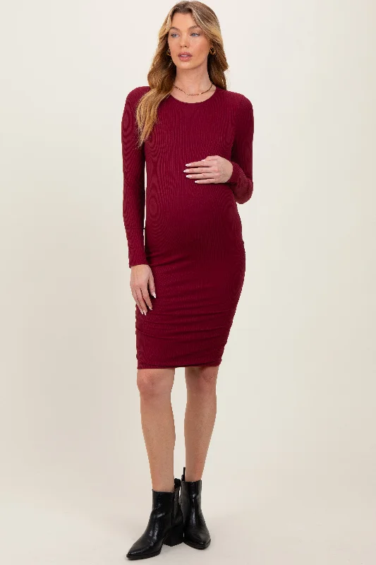 Best Seller bodycon dressBurgundy Crew Neck Double Layered Rib Maternity Mini Dress