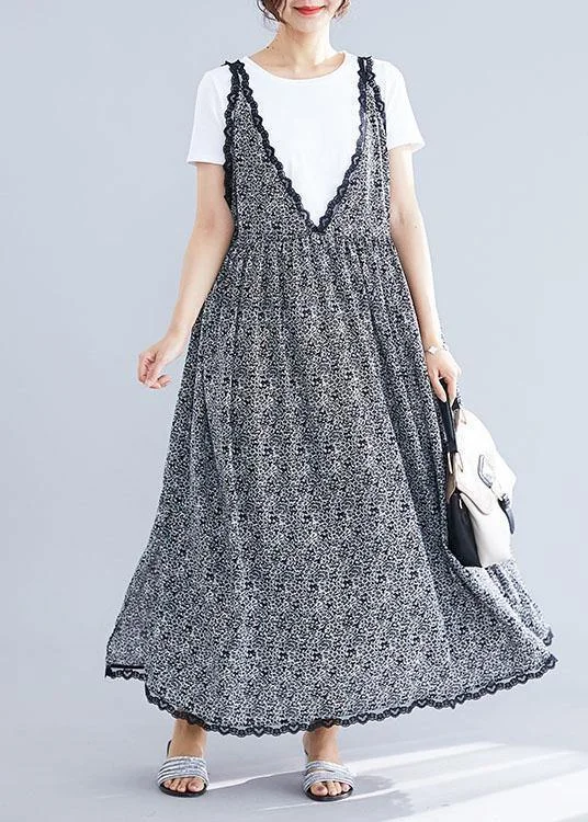 New Arrival floral dress100% black floral v neck chiffon quilting dresses lace ruffles Maxi summer Dress