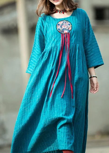 Deep Discounts elegant dressFrench embroidery o neck linen Robes Cotton blue striped Dress summer