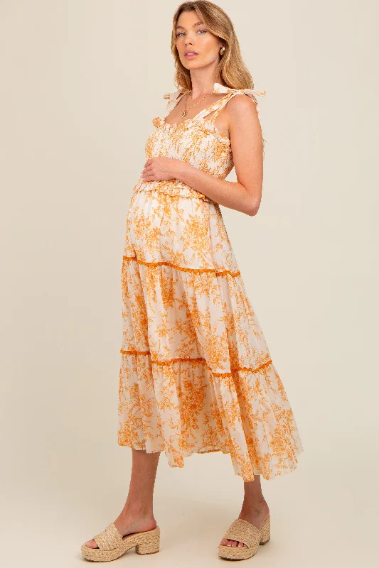 New Deals vintage dressPeach Floral Sleeveless Ruffle Tiered Maternity Midi Dress