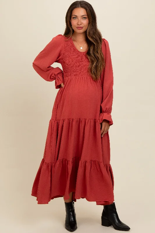 Must-Have Deals layered dressRust Smocked Tiered Long Sleeve Maternity Maxi Dress