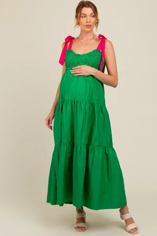 Final Clearance v-neck dressGreen Contrast Shoulder Straps Maternity Maxi Dress