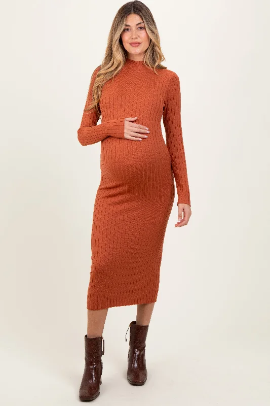 Act Fast elegant dressRust Mock Neck Ribbed Maternity Sweater Dress