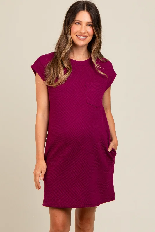 Deal Dash trendy bodycon dressViolet Front Pocket Line Textured Short Sleeve Maternity Dress