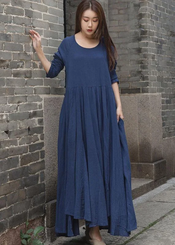 Savings Spectacular ruched dressFrench blue patchwork cotton linen clothes For Women long sleeve Traveling summer Dresses