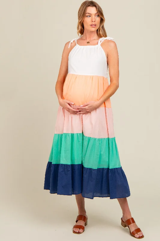 Hurry In oversized dressCoral Colorblock Tiered Maternity Midi Dress