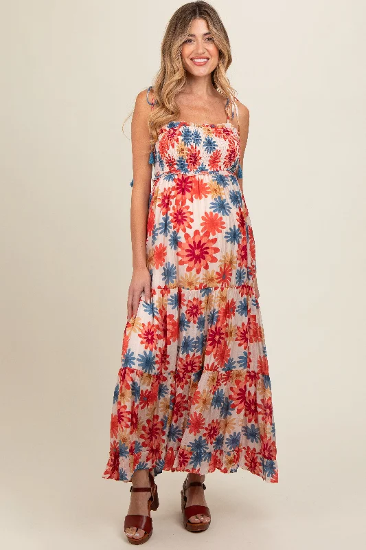 Online Only sleeveless dressCoral Floral Smocked Shoulder Tie Maternity Maxi Dress