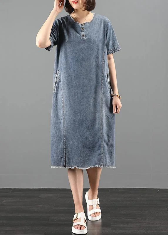 Great Deals romantic dressHandmade o neck pockets Wardrobes Fabrics denim blue Dresses