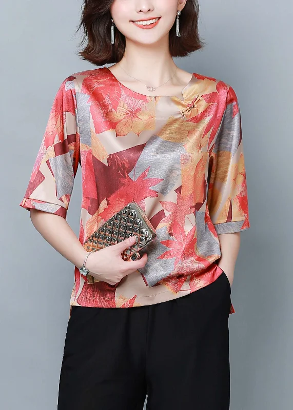 Big Discounts Beautiful Red Print Oversized Low High Design Silk Top Summer LY0449