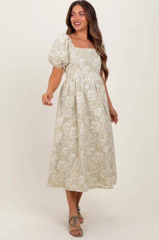 Now or Never tiered dressLight Olive Floral Jacquard Knit Puff Sleeves Maternity Midi Dress
