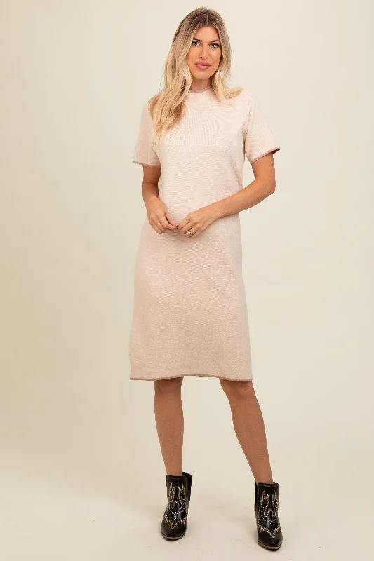 Deal Explosion casual summer dressCream Mock Neck Knit Short Sleeve Sweater Dress