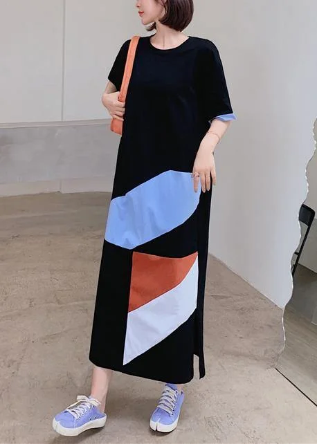 Price Drop Alert flowy evening dressLoose black dress o neck Geometric patchwork Plus Size Dresses