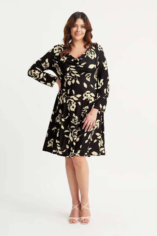 Warehouse Sale summer floral dressLong Sleeve Cowl Neck Fit and Flare Dress
