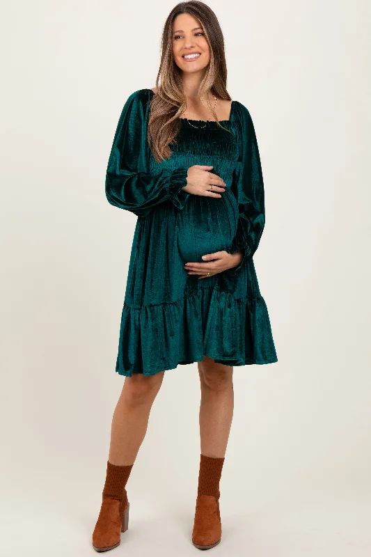 Mega Deal puff sleeve dressForest Green Velvet Smocked Long Sleeve Maternity Dress