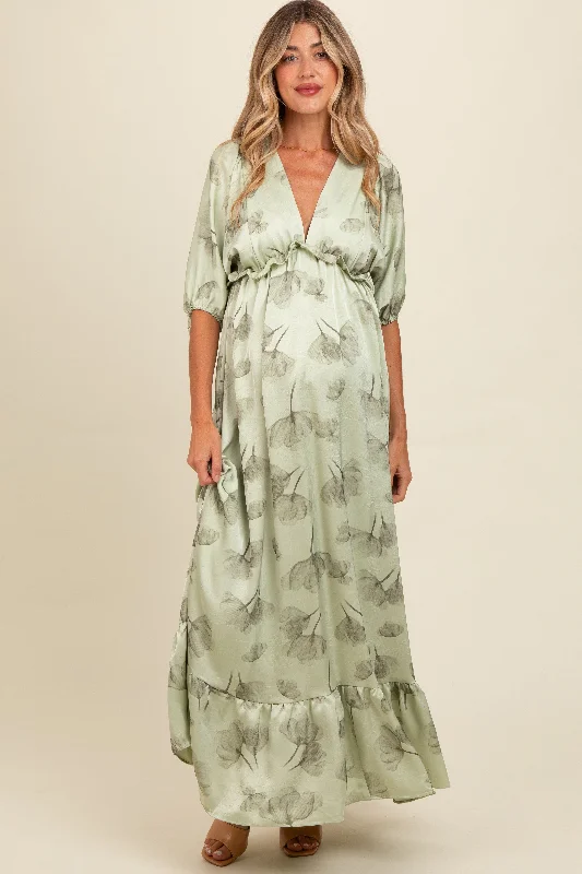 Super Savings one-shoulder dressLight Olive Floral Chiffon Ruffle Accent Maternity Maxi Dress